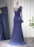 Elegant Mermaid Blue One-Shoulder Feather Beaded Tulle Long Classy Prom Dress