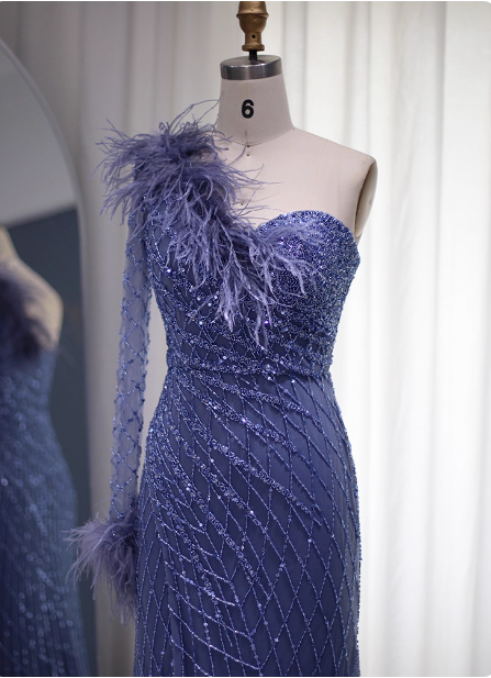 Elegant Mermaid Blue One-Shoulder Feather Beaded Tulle Long Classy Prom Dress