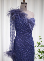 Elegant Mermaid Blue One-Shoulder Feather Beaded Tulle Long Classy Prom Dress