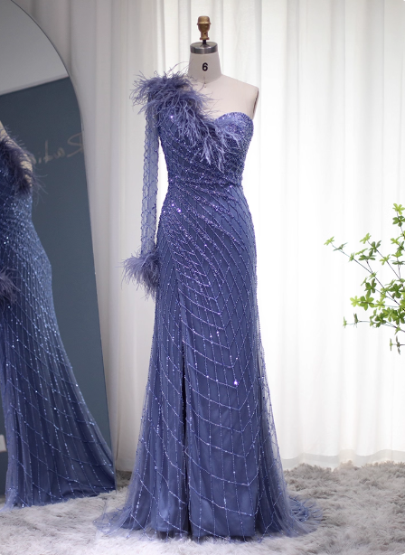 Elegant Mermaid Blue One-Shoulder Feather Beaded Tulle Long Classy Prom Dress Main image