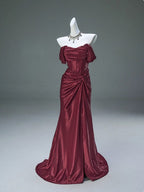 Elegant Pleated Satin Classy Mermaid Classy Evening Dress,Fahsion Graudation Classy Prom Dress With Off-The-Shoulder