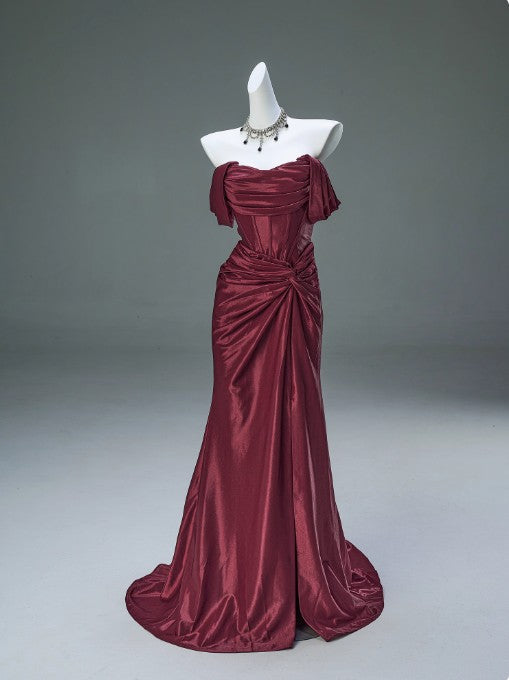 Elegant Pleated Satin Classy Mermaid Classy Evening Dress,Fahsion Graudation Classy Prom Dress With Off-The-Shoulder