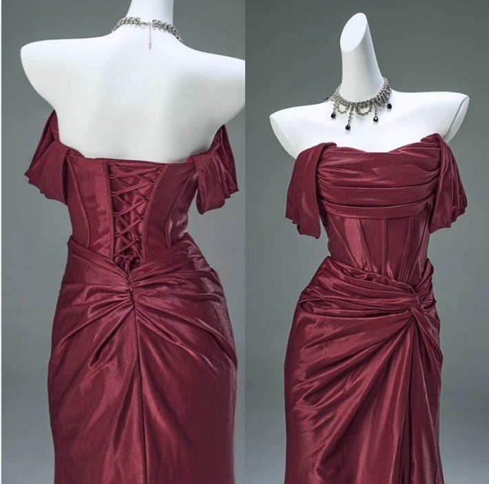 Elegant Pleated Satin Classy Mermaid Classy Evening Dress,Fahsion Graudation Classy Prom Dress With Off-The-Shoulder