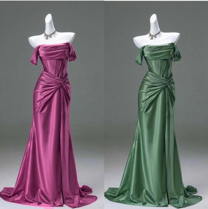 Elegant Pleated Satin Classy Mermaid Classy Evening Dress,Fahsion Graudation Classy Prom Dress With Off-The-Shoulder