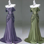 Elegant Pleated Satin Classy Mermaid Classy Evening Dress,Fahsion Graudation Classy Prom Dress With Off-The-Shoulder