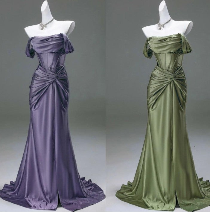 Elegant Pleated Satin Classy Mermaid Classy Evening Dress,Fahsion Graudation Classy Prom Dress With Off-The-Shoulder