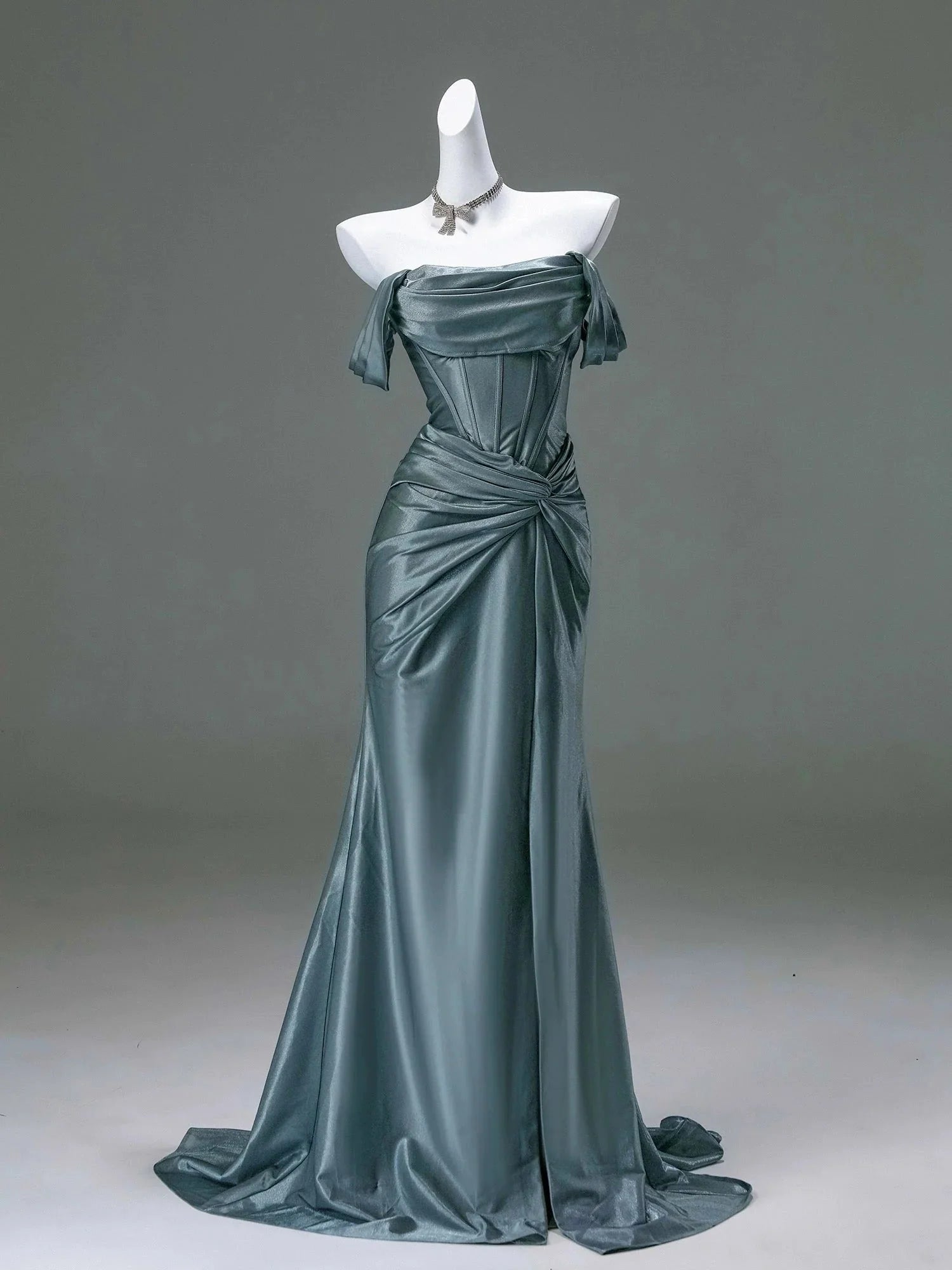 Elegant Pleated Satin Classy Mermaid Classy Evening Dress,Fahsion Graudation Classy Prom Dress With Off-The-Shoulder