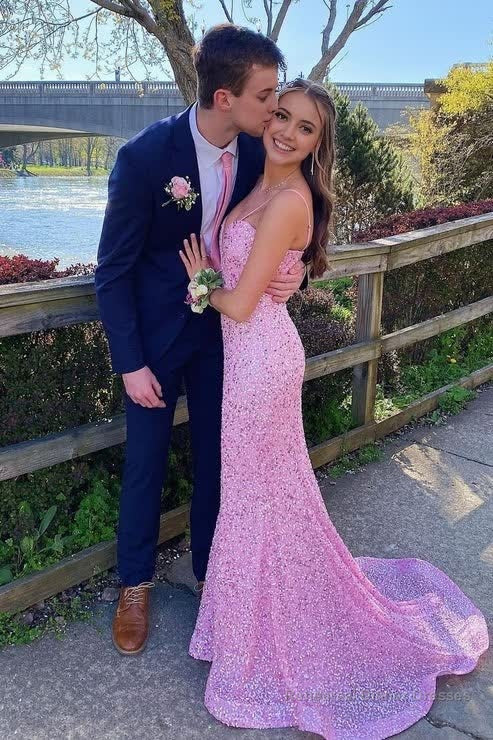 Elegant Mermaid Sequin Pink Long Prom Dresses Formal Dress Secondary image