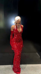 Elegant Mermaid Sequin Red Floor Length Black Girl Classy Prom Dress