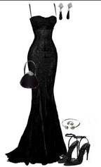 Elegant Mermaid Spaghetti Straps Black Lace Long Classy Prom Dress Birthday Outfits