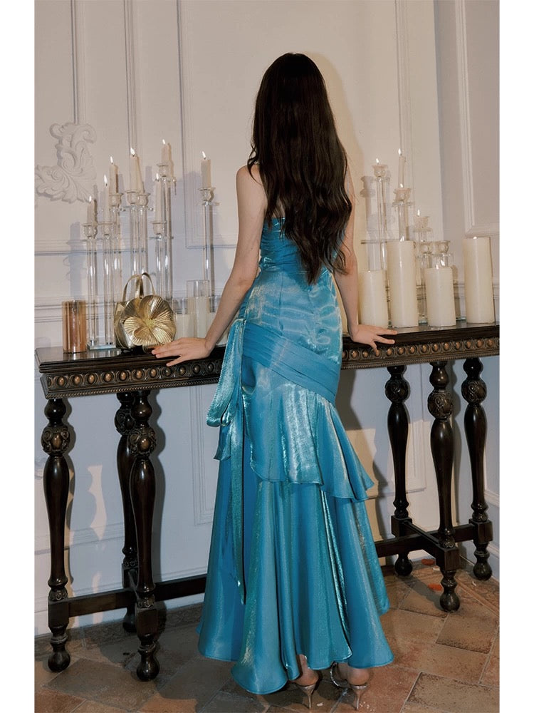 Elegant Mermaid Spaghetti Straps Blue Satin Long Classy Prom Dress Party Dress 21St Birthday Outfits Graduation Dress