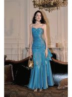 Elegant Mermaid Spaghetti Straps Blue Satin Long Classy Prom Dress Party Dress 21St Birthday Outfits Graduation Dress
