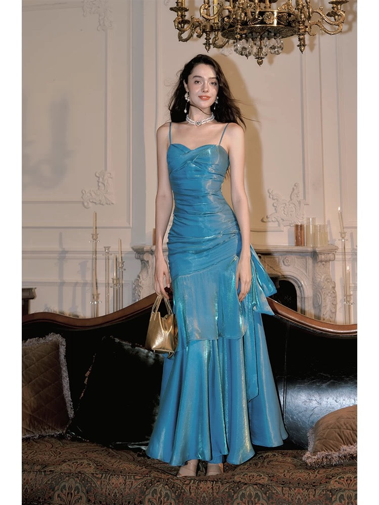 Elegant Mermaid Spaghetti Straps Blue Satin Long Classy Prom Dress Party Dress 21St Birthday Outfits Graduation Dress