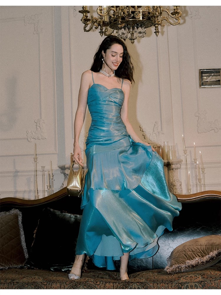 Elegant Mermaid Spaghetti Straps Blue Satin Long Classy Prom Dress Party Dress 21St Birthday Outfits Graduation Dress