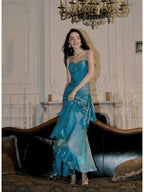 Elegant Mermaid Spaghetti Straps Blue Satin Long Classy Prom Dress Party Dress 21St Birthday Outfits Graduation Dress