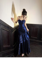 Elegant Mermaid Spaghetti Straps Blue Satin Long Classy Prom Dress Party Dress 21St Birthday Outfits Graduation Dress
