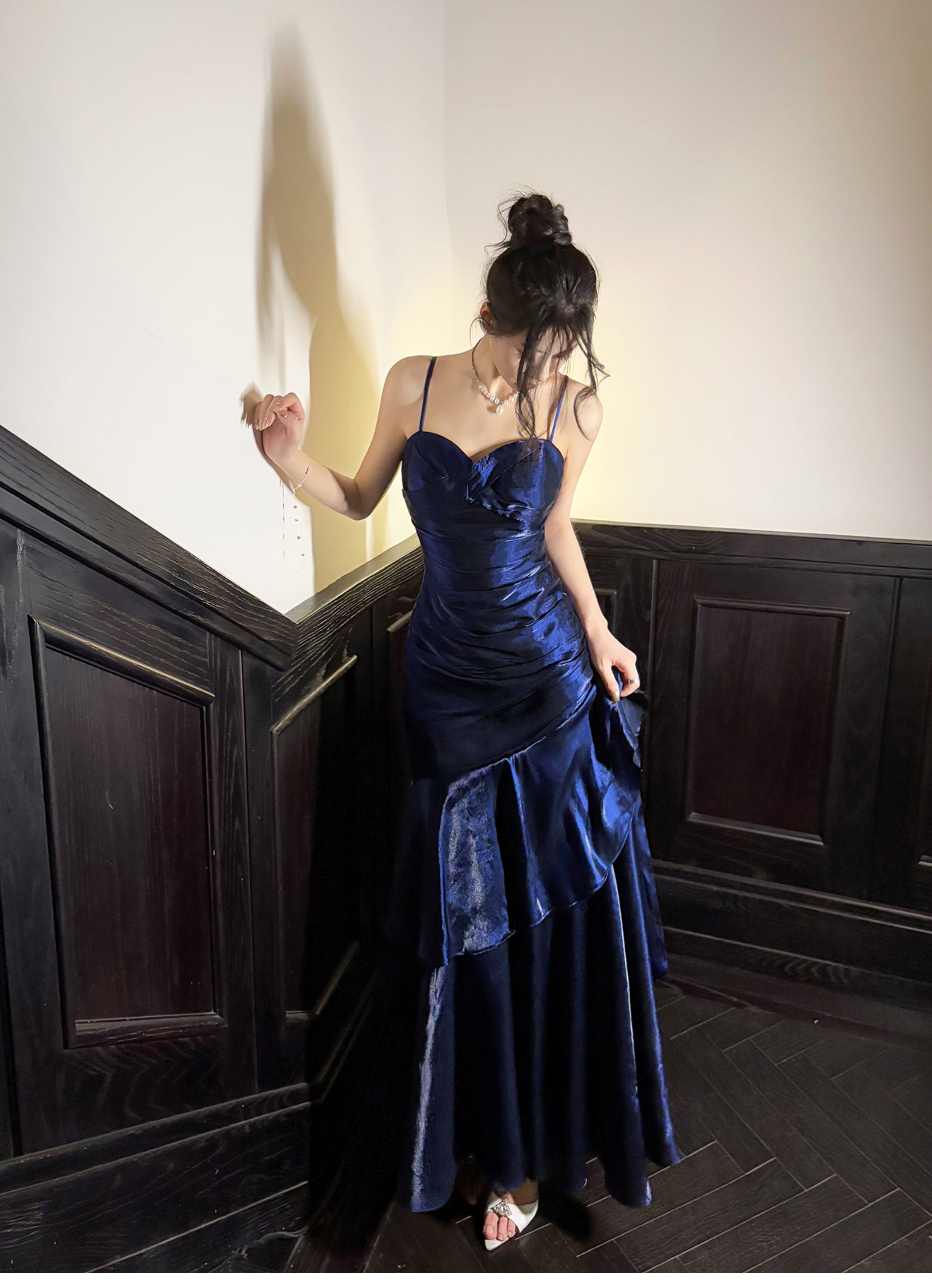 Elegant Mermaid Spaghetti Straps Blue Satin Long Classy Prom Dress Party Dress 21St Birthday Outfits Graduation Dress