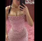 Elegant Mermaid Spaghetti Straps Pink Beads Sequin Slit Long Classy Prom Dress Classy Dress