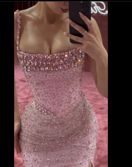 Elegant Mermaid Spaghetti Straps Pink Beads Sequin Slit Long Classy Prom Dress Classy Dress
