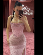 Elegant Mermaid Spaghetti Straps Pink Beads Sequin Slit Long Classy Prom Dress Classy Dress