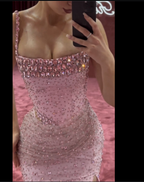 Elegant Mermaid Spaghetti Straps Pink Beads Sequin Slit Long Classy Prom Dress Classy Dress