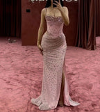 Elegant Mermaid Spaghetti Straps Pink Beads Sequin Slit Long Classy Prom Dress Classy Dress