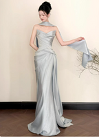 Elegant Mermaid Strapless Ruffled Satin Train Classy Prom Dress