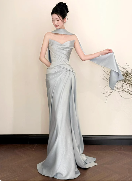 Elegant Mermaid Strapless Ruffled Satin Train Classy Prom Dress