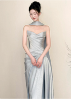 Elegant Mermaid Strapless Ruffled Satin Train Classy Prom Dress