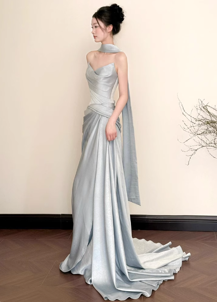 Elegant Mermaid Strapless Ruffled Satin Train Classy Prom Dress