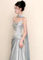 Elegant Mermaid Strapless Ruffled Satin Train Classy Prom Dress