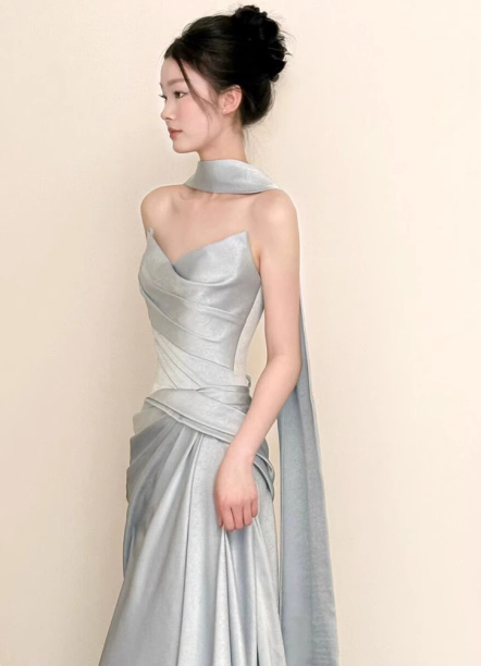 Elegant Mermaid Strapless Ruffled Satin Train Classy Prom Dress