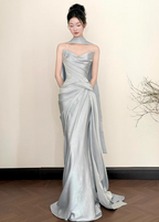 Elegant Mermaid Strapless Ruffled Satin Train Classy Prom Dress
