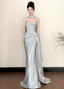 Elegant Mermaid Strapless Ruffled Satin Train Classy Prom Dress