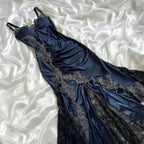 Elegant Navy Blue Spaghetti Straps Mermaid Satin Appliques Classy Prom Dress Party Dress