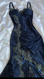 Elegant Navy Blue Spaghetti Straps Mermaid Satin Appliques Classy Prom Dress Party Dress