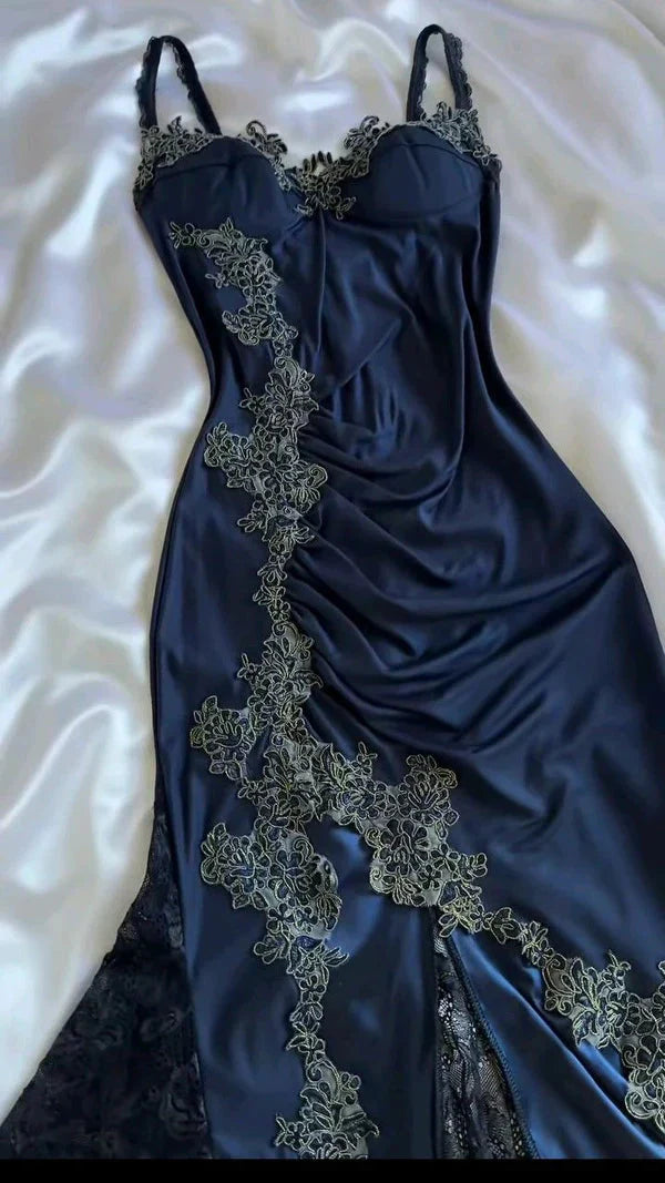Elegant Navy Blue Spaghetti Straps Mermaid Satin Appliques Classy Prom Dress Party Dress