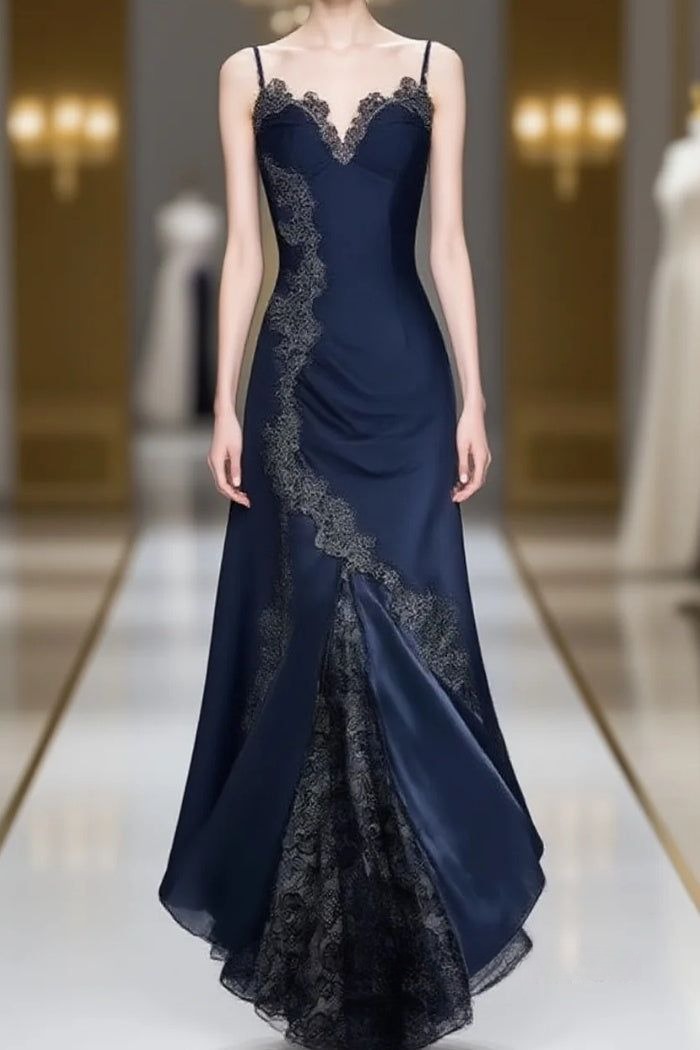 Elegant Navy Blue Spaghetti Straps Mermaid Satin Appliques Classy Prom Dress Party Dress