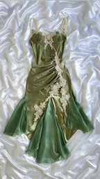 Elegant Navy Blue Spaghetti Straps Mermaid Satin Appliques Classy Prom Dress Party Dress