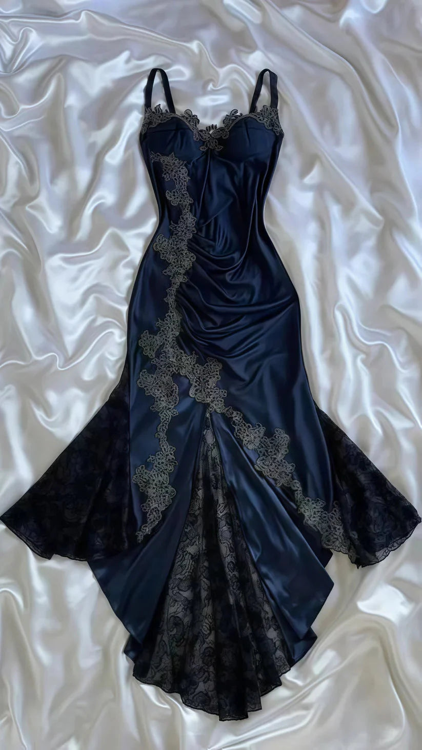 Elegant Navy Blue Spaghetti Straps Mermaid Satin Appliques Classy Prom Dress Party Dress Main image