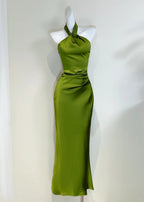 Elegant Minimalist Green Slim Halter Neck Satin Long Classy Prom Dress
