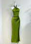 Elegant Minimalist Green Slim Halter Neck Satin Long Classy Prom Dress