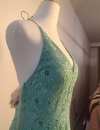 Elegant Mint Green Fitted Beaded Halter Neck Backless Long Classy Prom Dress
