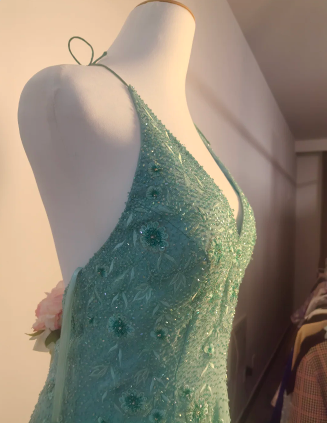 Elegant Mint Green Fitted Beaded Halter Neck Backless Long Classy Prom Dress