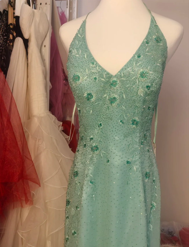Elegant Mint Green Fitted Beaded Halter Neck Backless Long Classy Prom Dress