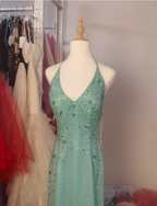 Elegant Mint Green Fitted Beaded Halter Neck Backless Long Classy Prom Dress