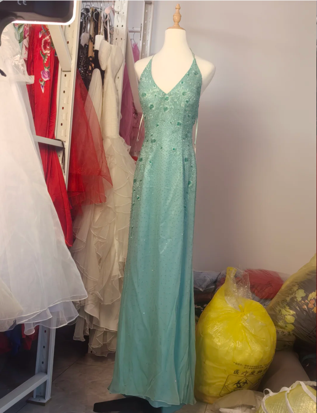 Elegant Mint Green Fitted Beaded Halter Neck Backless Long Classy Prom Dress