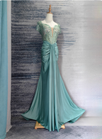 Elegant Mint Green Mermaid Sequin Satin Train Classy Prom Dress