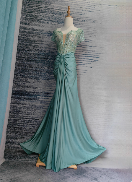 Elegant Mint Green Mermaid Sequin Satin Train Classy Prom Dress