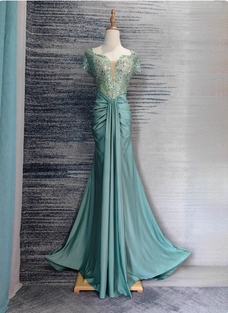 Elegant Mint Green Mermaid Sequin Satin Train Classy Prom Dress Main image